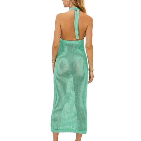 Beach Riot NWTs Romee High Neck Halter Green Crochet Dress Swim Coverup medium - Picture 2 of 9
